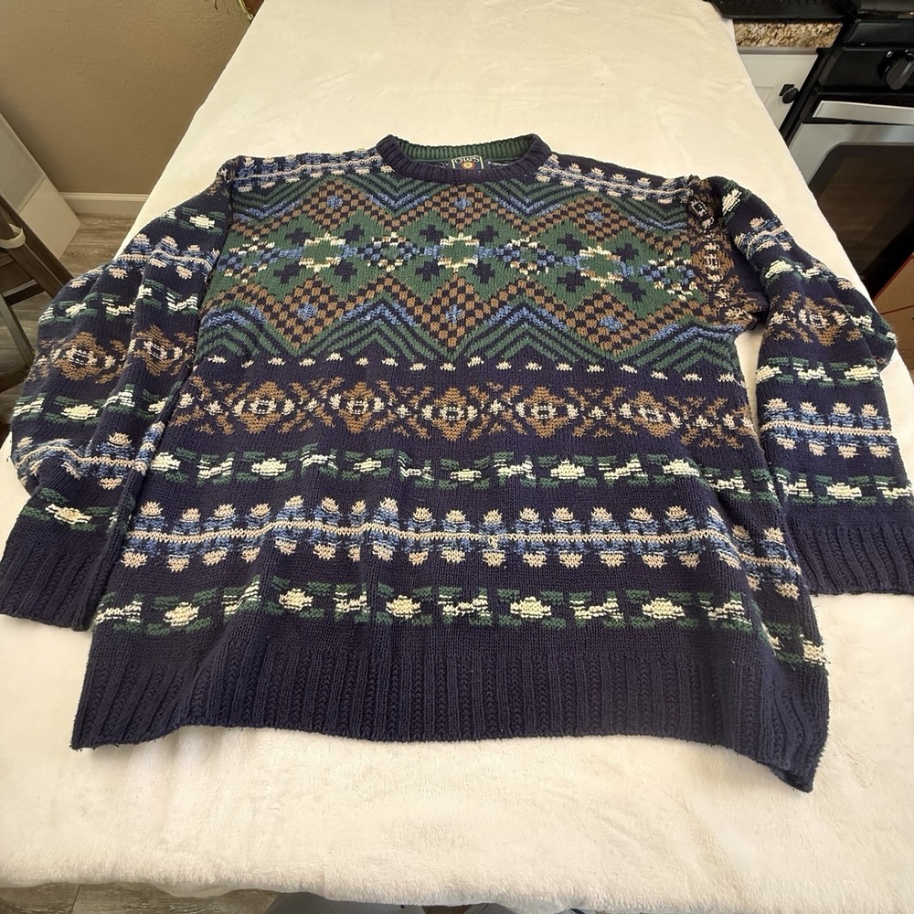 Vintage 90s Chaps Ralph Lauren Sweater Mens L Cotton USA Fair Isle Geometric